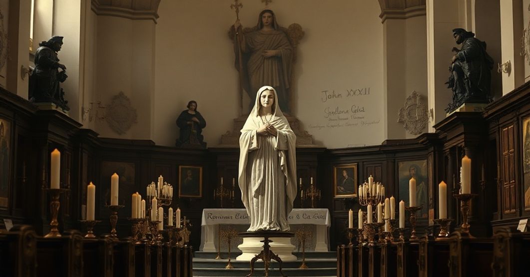 A somber depiction of Helena Guerra in a traditional Catholic church setting, surrounded by devotional artifacts and candles, with John XXIII's signature on the 'Renovans Faciem' document in the background.