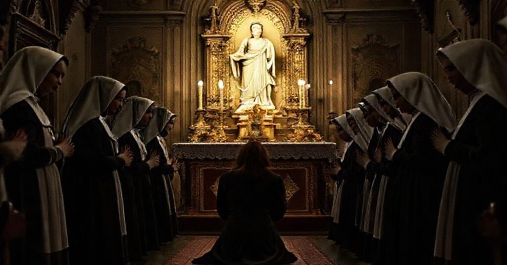 Catholic devotee Helena Guerra in prayer with Oblate Sisters of the Holy Spirit in a traditional chapel, symbolizing devotion to the Holy Ghost.