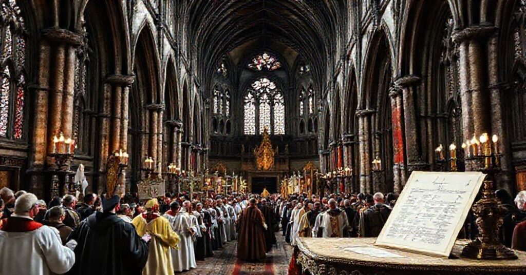 A solemn procession in front of a Gothic church with relics and banners, symbolizing the hidden subversion of Tradition under the false authority of John XXIII.