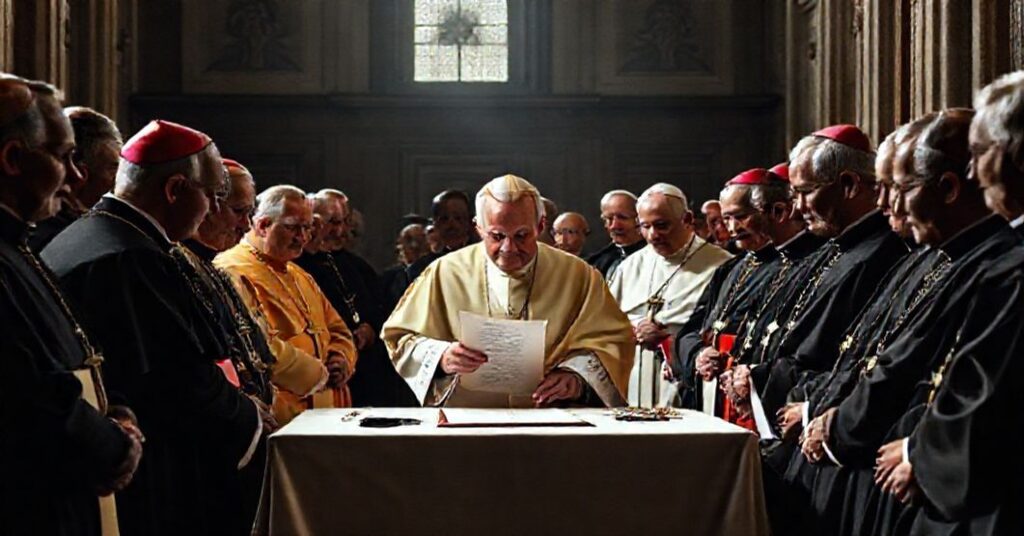 Solemn image of Ioannes Roncalli signing 'Humanae salutis' surrounded by cardinals and bishops in a Vatican hall.
