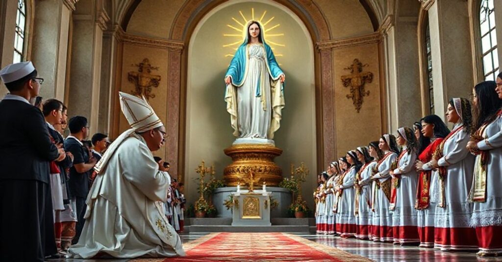 A reverent depiction of the Immaculate Conception with Bishop Christian Portela de Araujo Pena praying in the historic church at Conceição do Pará, Diocese of Divinópolis, Brazil.