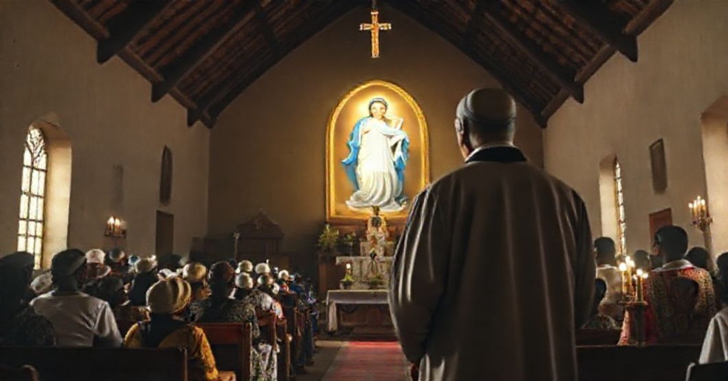 Catholic Scene: Immaculate Conception as Patroness of Kisii Diocese Catholic depiction of the Immaculate Conception as patroness of Kisii Diocese during a Latin Mass.
