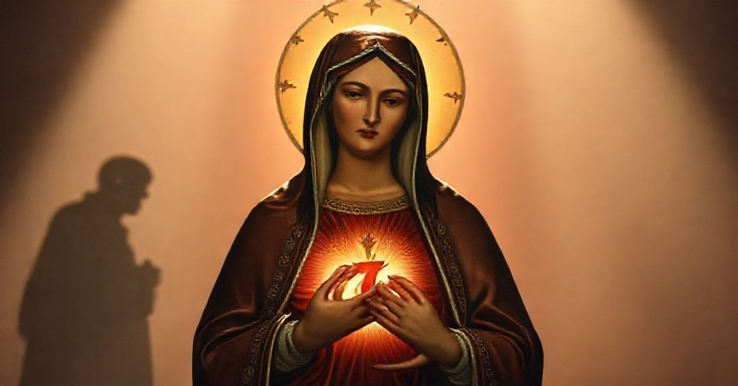 The Blessed Virgin Mary under the title of the Immaculate Heart in a protective stance over a troubled world, highlighting the manipulation of Marian devotion by the false hierarchy of John XXIII.