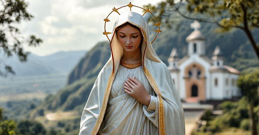 The Immaculate Virgin Mary depicted in traditional Catholic iconography, standing before the Brazilian landscape of Divinópolis with the sanctuary of Conceição do Pará in the background.