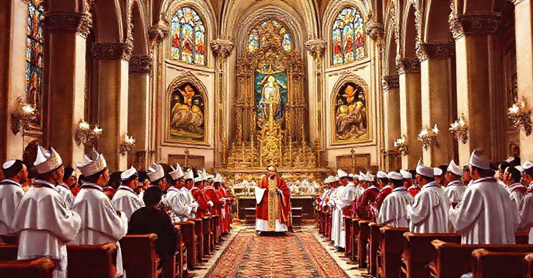 A reverent depiction of the Indonesian hierarchy's erection of six ecclesiastical provinces in 1961, as celebrated in the Apostolic Letter 'Sacrarum Expeditionum' by John XXIII.