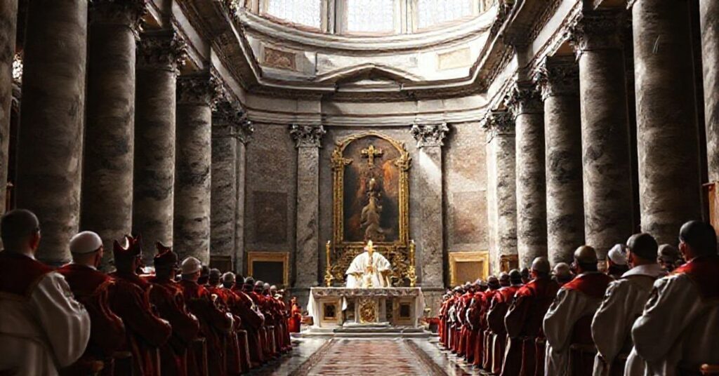 Interior of the Lateran Basilica during Ioannes XXIII's 1960 allocution to the Roman Synod, depicting a solemn atmosphere with bishops and clergy listening to his speech.