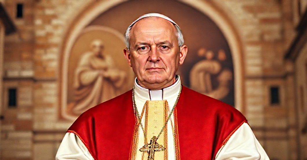 Pope Ioannes XXIII in solemn reflection before Roman architecture with Saint Francis in background, symbolizing historical and doctrinal tensions within Catholicism