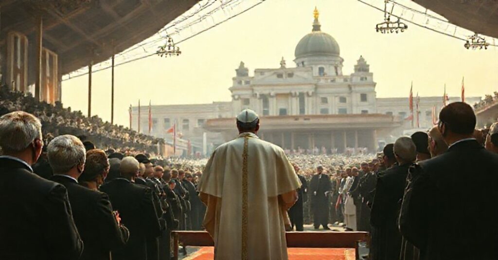 Ioannes XXIII addressing the New York World's Fair pavilion with the Apostolic See's building in the background.