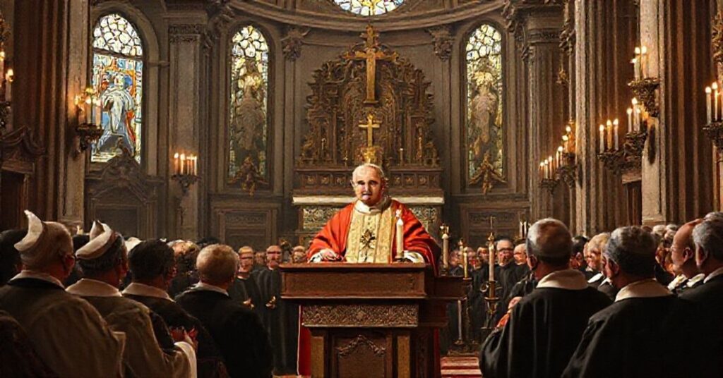 Ioannes XXIII addressing Roman clergy in a solemn basilica during the 1960 synod, emphasizing traditional Catholic priestly duties.