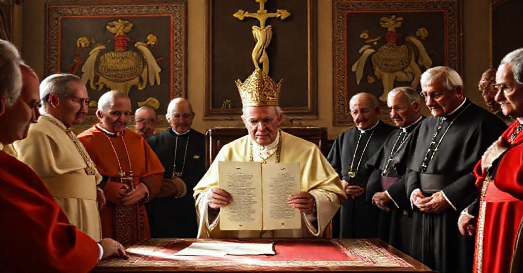 Signing of IQUIQUENSIS (ARICENSIS) by John XXIII A solemn image depicting the signing of the apostolic constitution 'IQUIQUENSIS (ARICENSIS)' by John XXIII in a papal study.