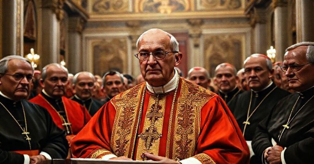 A solemn portrait of John XXIII delivering the 1959 secret consistory allocution to assembled cardinals in the Vatican's apostolic palace.