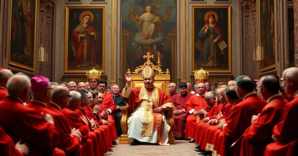A solemn scene in the Apostolic Palace in 1960 depicting John XXIII presiding over a semi-public consistory to announce the canonization of Juan de Ribera.