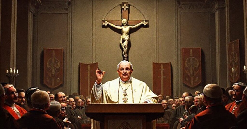 John XXIII delivering his 1961 allocution in a Vatican Hall, surrounded by bishops and experts, with traditional Catholic symbols in the background.