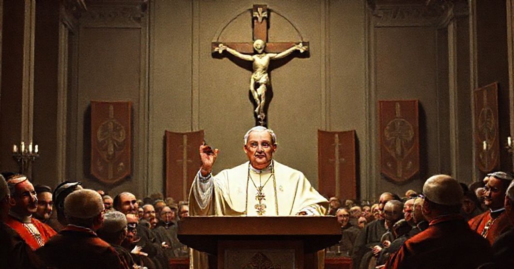 John XXIII delivering his 1961 allocution in a Vatican Hall, surrounded by bishops and experts, with traditional Catholic symbols in the background.