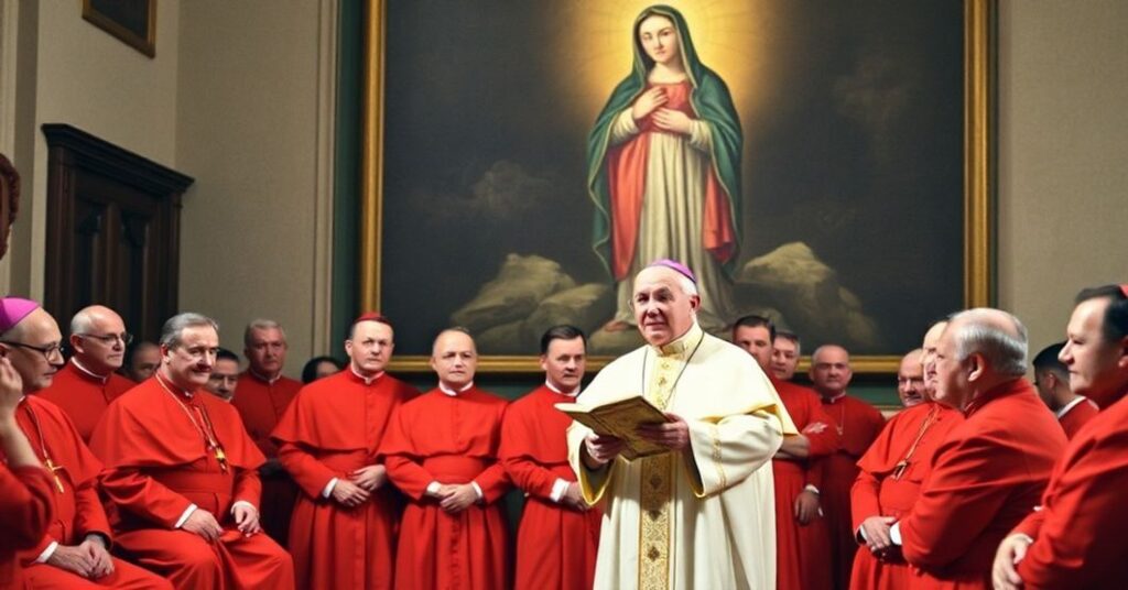 John XXIII delivering the 1962 allocution to the Central Preparatory Commission for Vatican II with Cardinal Wyszynski and Our Lady of Czestochowa in the background.