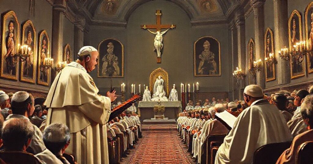 A traditional Catholic depiction of John XXIII addressing clergy and laity in 1962, highlighting the contrast between his serene rhetoric and the looming doctrinal crisis.