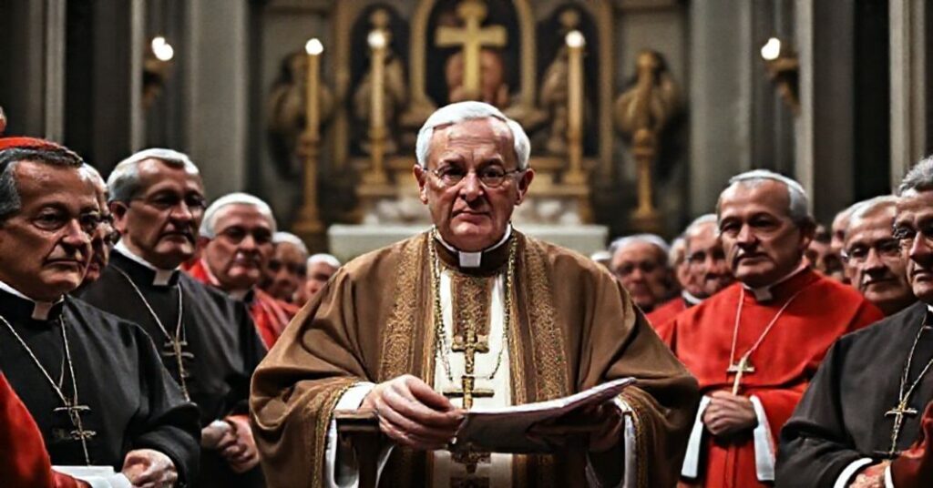 A reverent portrait of John XXIII delivering the 1962 Vatican II allocution in St. Peter's Basilica, surrounded by bishops in traditional liturgical vestments.