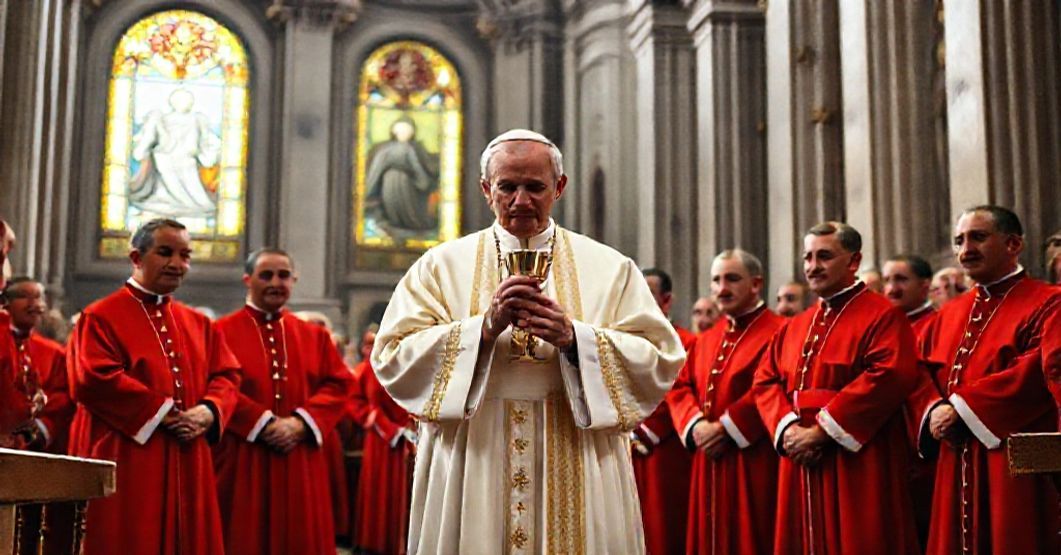 A solemn scene in St. Peter's Basilica as John XXIII accepts his papacy, with cardinals observing quietly.