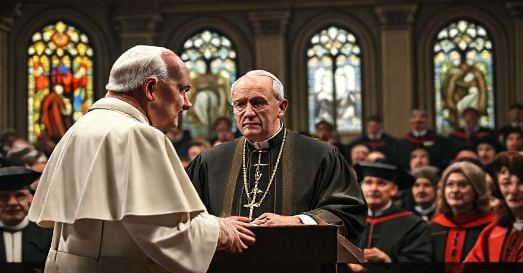 John XXIII addressing the Federation of Catholic Universities in 1959, with a traditional Catholic university setting reflecting the article's critique.