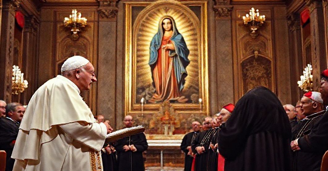 John XXIII addresses the Central Commission preparing the Second Vatican Council in a solemn Vatican hall with Our Lady of Czestochowa in the background.