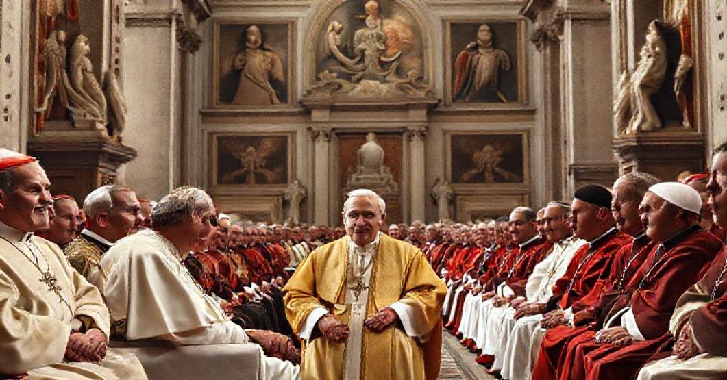 A traditional Catholic depiction of John XXIII addressing the Central Commission in 1961 about the Second Vatican Council.