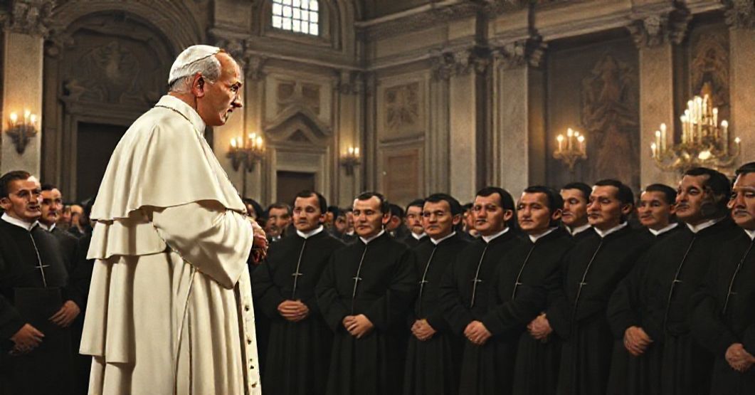 John XXIII addressing Jesuits in Rome, 1961. Solemn scene in a candlelit hall with ornate architecture, depicting the Pope's allocution to the Society of Jesus.