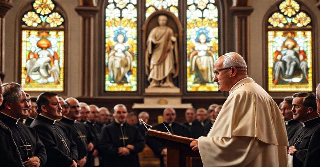 A solemn gathering of Redemptorist superiors listening to John XXIII's allocutio in a traditional chapel.