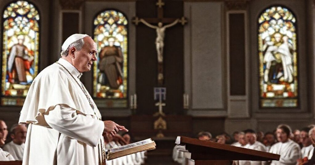 John XXIII delivering the Allocutio of 12 May 1962 in the Vatican's Apostolic Palace, with the Central Preparatory Commission seated in reverent attention. The scene is bathed in soft, natural light filtering through stained glass windows depicting traditional Catholic iconography.