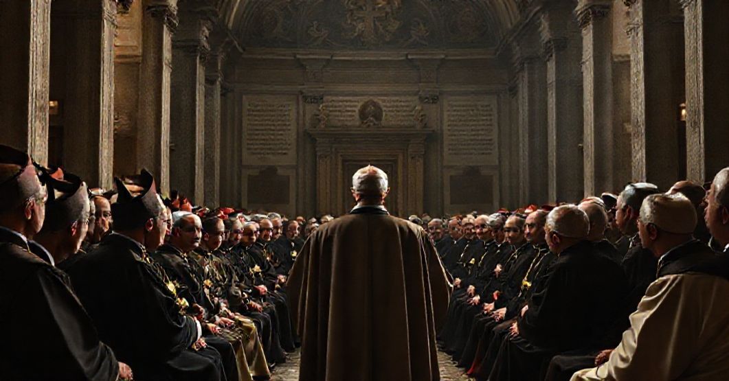 A reverent depiction of John XXIII delivering his allocution to the Central Commission for Vatican II in a Vatican basilica, reflecting the deceptive piety masking revolutionary intentions.