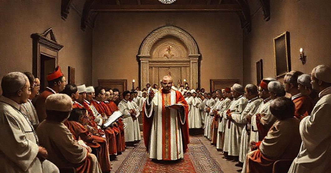 A somber depiction of John XXIII delivering an allocution at the Catholic University of the Sacred Heart in Rome in 1961. The scene reflects the naturalistic and sentimental tone of the conciliar era.