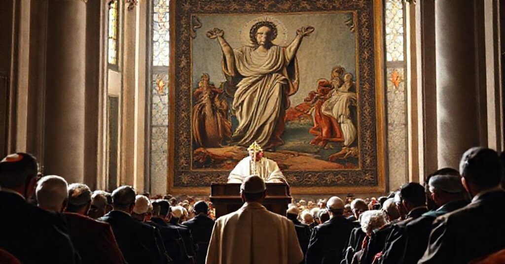 Catholic bishop delivering an allocution to international scholars in Rome, 1959.