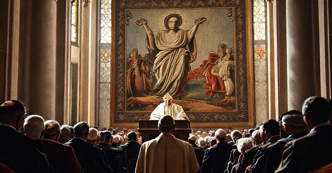 Catholic bishop delivering an allocution to international scholars in Rome, 1959.