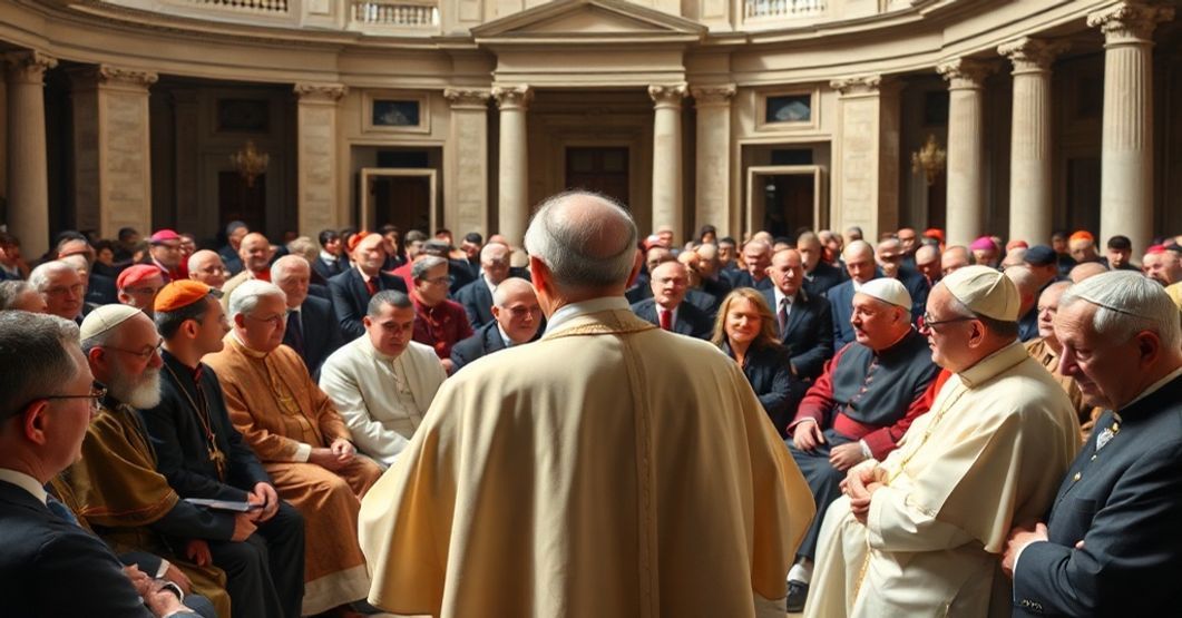John XXIII's Allocution to the Polyglot Academy John XXIII addressing the Polyglot Academy in Rome, surrounded by seminarians and ecclesiastical dignitaries in a solemn setting.
