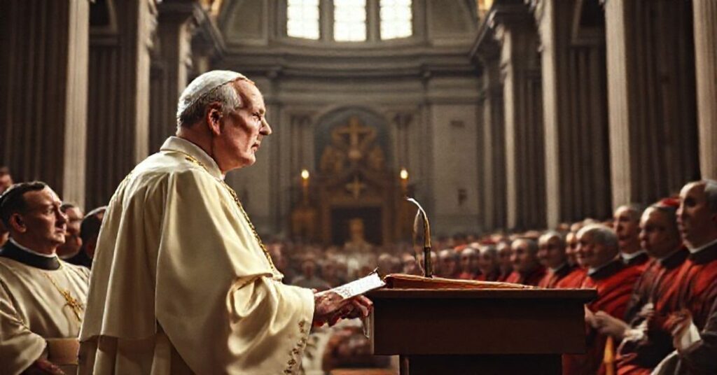 John XXIII delivering his allocution at the Roman Synod of 1960 in a traditional Roman basilica.