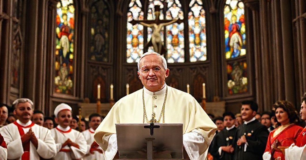 Pope John XXIII delivering an allocution to Filipino bishops and faithful in a grand cathedral.