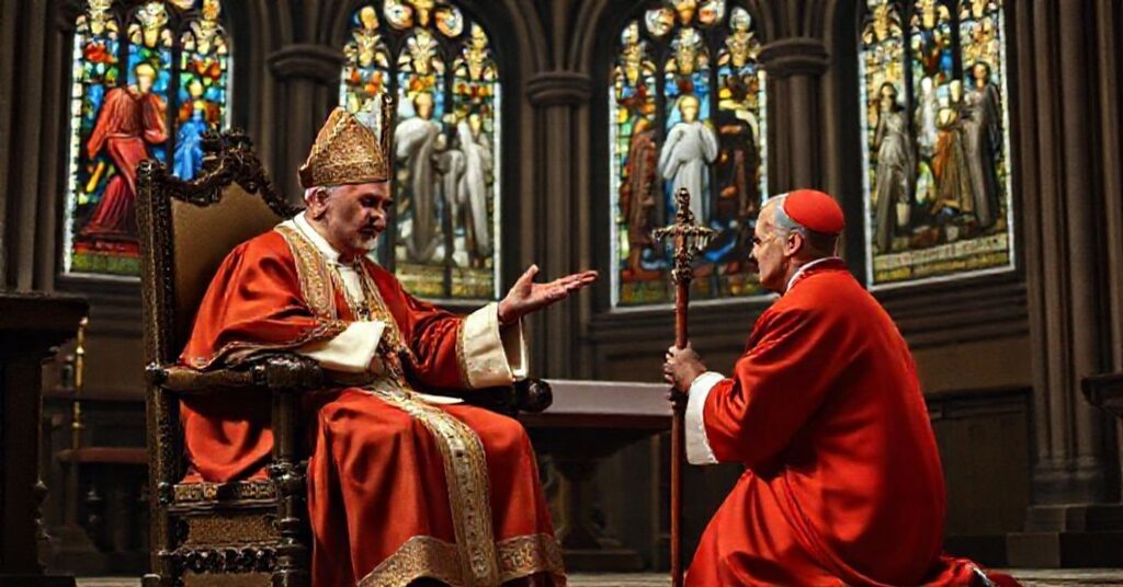 A traditional Catholic scene depicting John XXIII blessing Cardinal Pietro Ciriaci in a somber cathedral setting.
