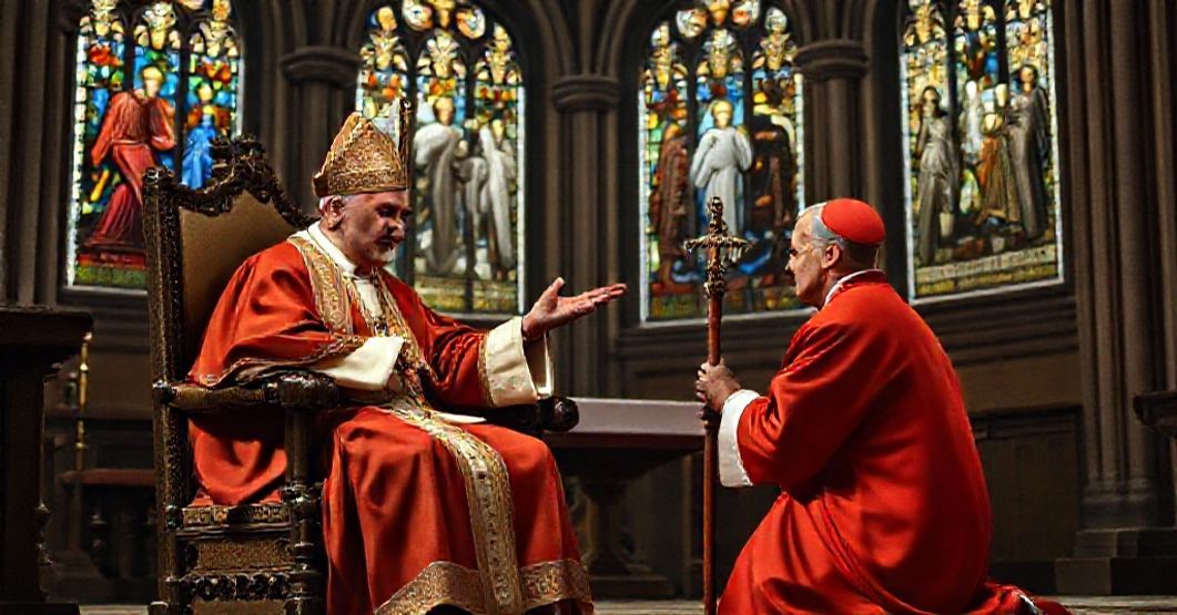 John XXIII and Cardinal Ciriaci: A Conciliar Jubilee A traditional Catholic scene depicting John XXIII blessing Cardinal Pietro Ciriaci in a somber cathedral setting.