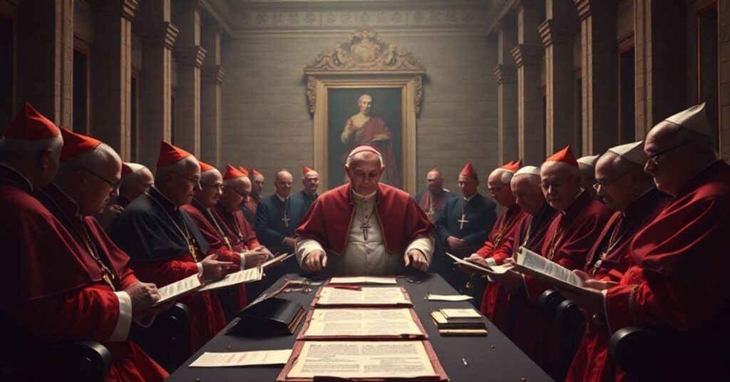 John XXIII and modernist cardinals plotting Vatican II Council with symbolic elements of apostasy.