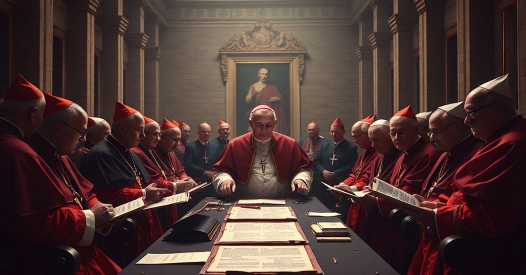 The Betrayal of Tradition: John XXIII and the Vatican II Council John XXIII and modernist cardinals plotting Vatican II Council with symbolic elements of apostasy.