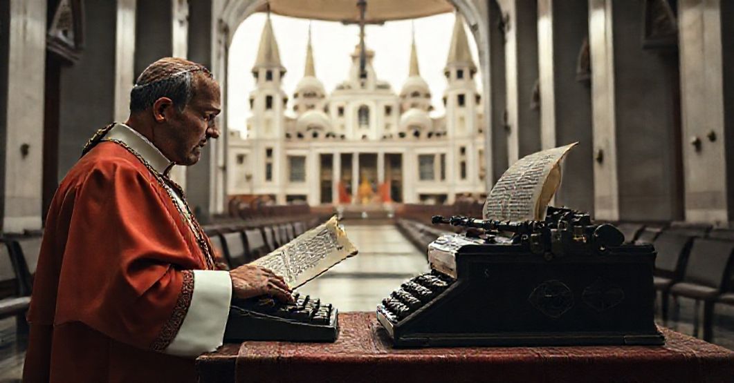 A solemn cleric reading John XXIII's controversial letter blessing modernist Brasília, symbolizing the betrayal of the Kingship of Christ.