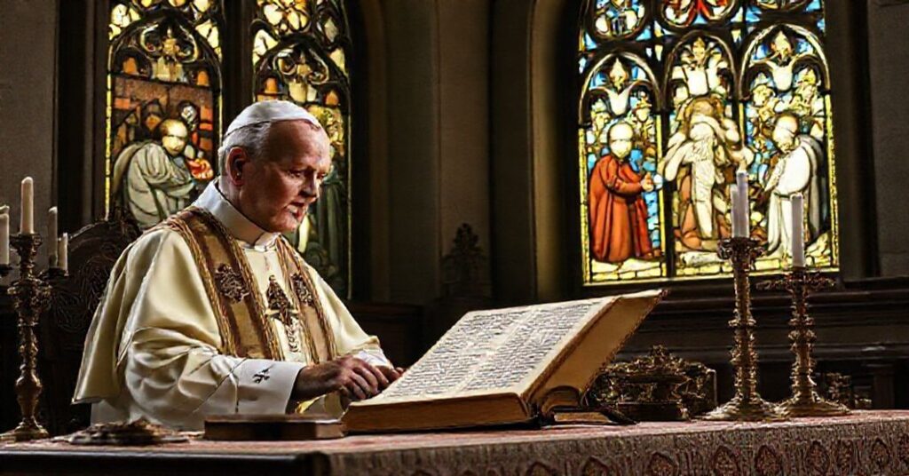 John XXIII reading the canonization decree of Carlo da Sezze in a traditional Catholic setting