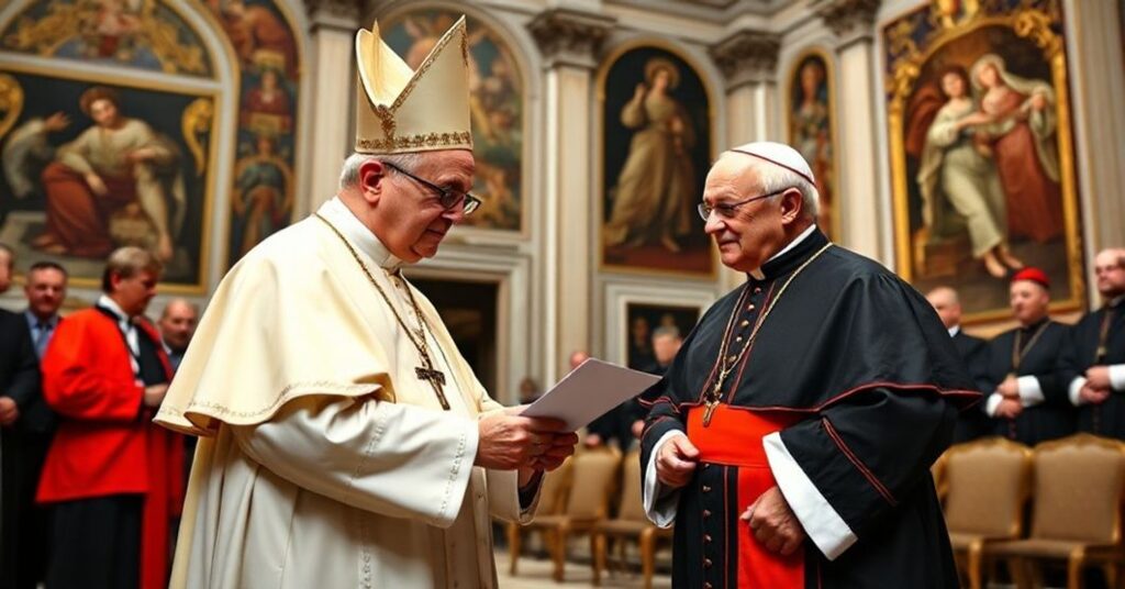 John XXIII presents a letter to Cardinal Jacopo Copello in the Vatican's Apostolic Palace, highlighting institutional praise without doctrinal substance.