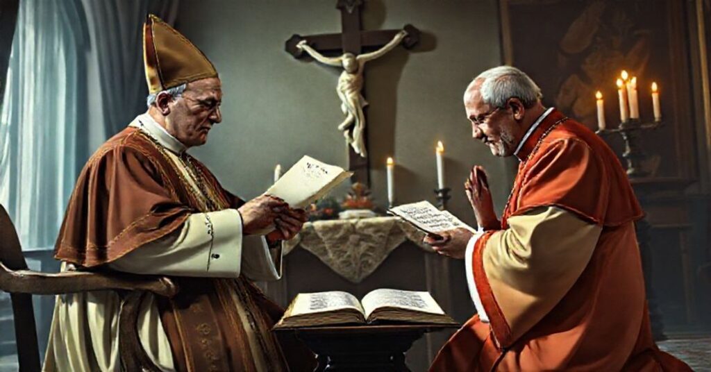 A traditional Catholic depiction of John XXIII and Cardinal Efrem Forni in a solemn Vatican study, symbolizing the betrayal of the Church's mission through diplomatic compromise.