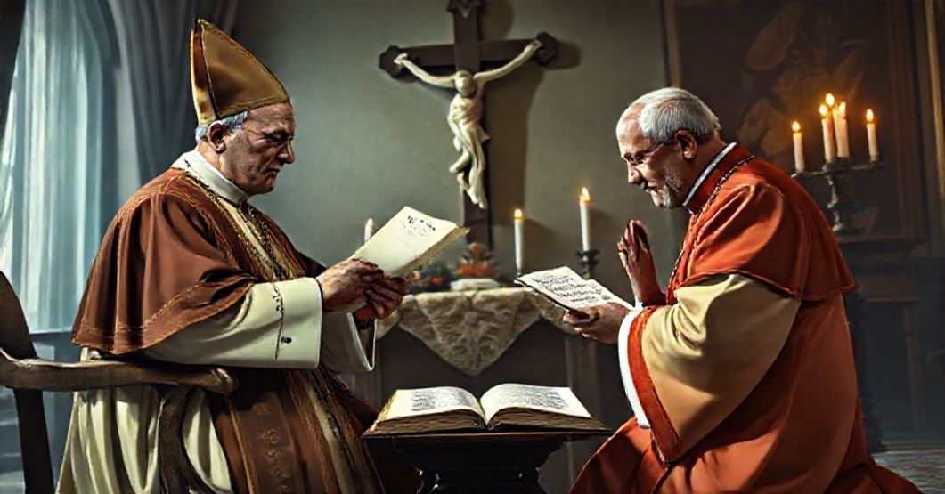 A traditional Catholic depiction of John XXIII and Cardinal Efrem Forni in a solemn Vatican study, symbolizing the betrayal of the Church's mission through diplomatic compromise.