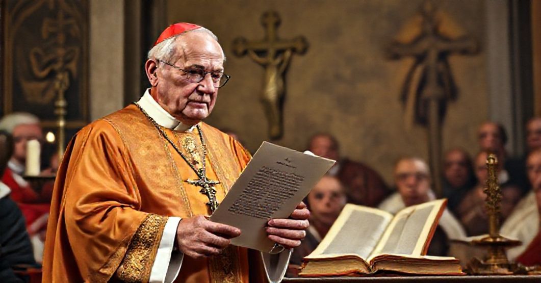 John XXIII presenting the letter 'Existimationi Nostrae' to Cardinal Giuseppe Pizzardo in a solemn Catholic setting.