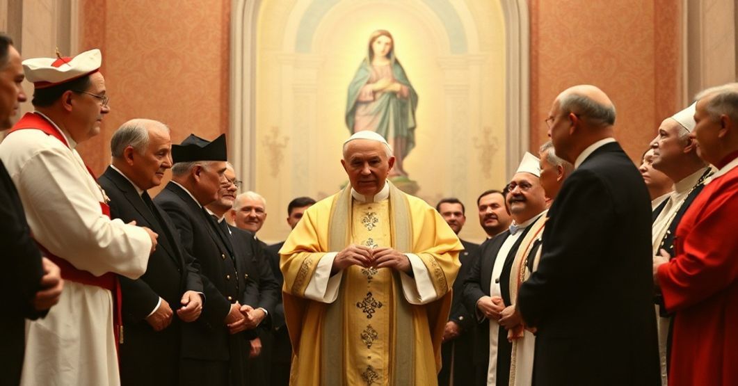 John XXIII blessing Catholic University of the Sacred Heart in Rome, 1961. Traditional Catholic ambiance with academic and medical personnel.