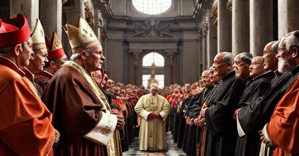 John XXIII addressing Chinese bishops in St. Peter's Basilica, reflecting the tension between orthodox formulas and conciliar deviation in traditional Catholic imagery.