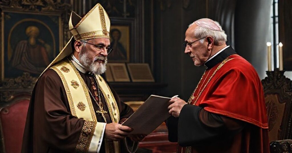 Solemn portrait of Cardinal Ignatius Gabriel Tappouni receiving a chirograph from a figure resembling John XXIII in a traditional Catholic setting.