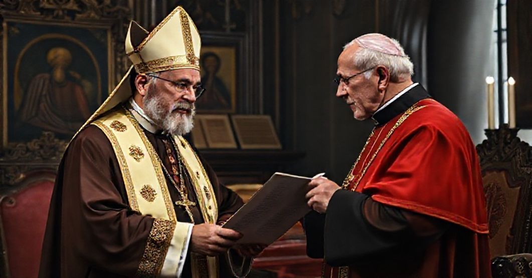 Solemn portrait of Cardinal Ignatius Gabriel Tappouni receiving a chirograph from a figure resembling John XXIII in a traditional Catholic setting.