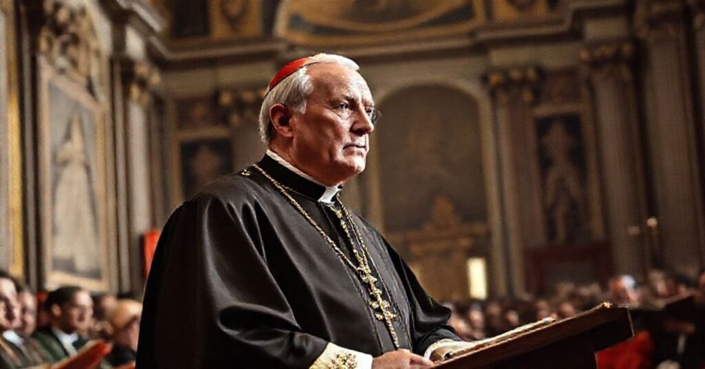 A reverent depiction of John XXIII addressing the Ciceronian Congress in Rome, 1959, in a traditional Catholic setting.